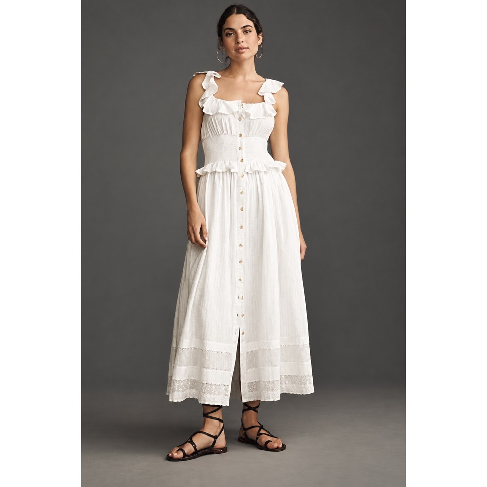 Pilcro Anthropologie White Ruffle Smocked Midi Dress Large Cotton Boho Coastal